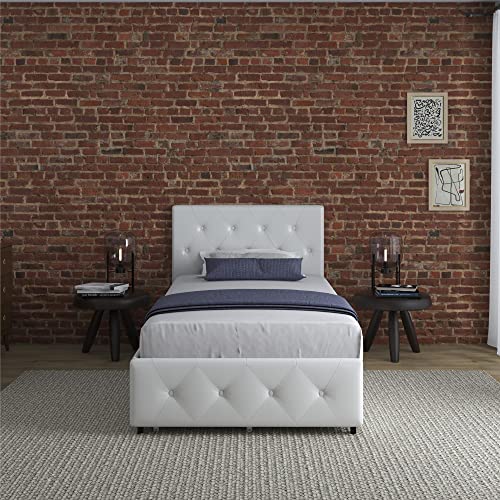 DHP Dakota Upholstered Platform Bed with Underbed Storage Drawers and Diamond Button Tufted Headboard and Footboard, No Box Spring Needed, Twin, White Faux Leather
