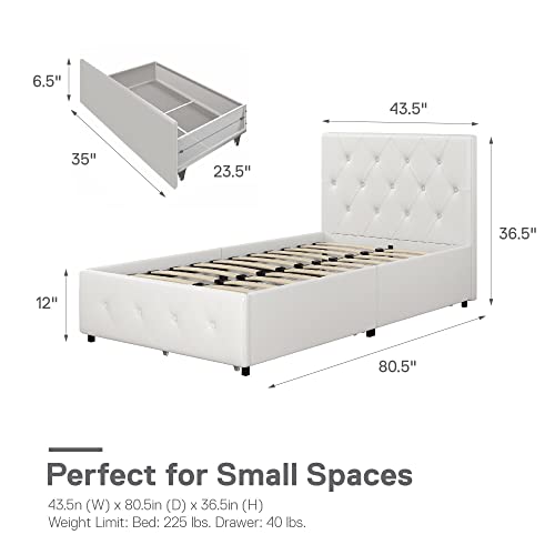 DHP Dakota Upholstered Platform Bed with Underbed Storage Drawers and Diamond Button Tufted Headboard and Footboard, No Box Spring Needed, Twin, White Faux Leather