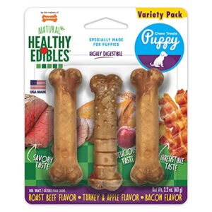 nylabone healthy edibles natural puppy treats variety pack - puppy supplies - roast beef, bacon, turkey & apple flavors, x-small/petite (3 count)