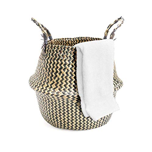 Natural Craft Seagrass Plant Basket for Storage Size (14x14x13 inches) - Style: Black Zigzag, Laundry, Picnic - Plant Pots Cover Indoor Home Decor - Hand Woven Straw Beach Bag with Handles M