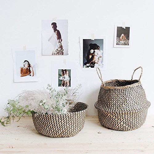 Natural Craft Seagrass Plant Basket for Storage Size (14x14x13 inches) - Style: Black Zigzag, Laundry, Picnic - Plant Pots Cover Indoor Home Decor - Hand Woven Straw Beach Bag with Handles M