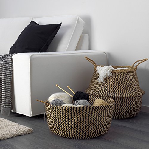 Natural Craft Seagrass Plant Basket for Storage Size (14x14x13 inches) - Style: Black Zigzag, Laundry, Picnic - Plant Pots Cover Indoor Home Decor - Hand Woven Straw Beach Bag with Handles M