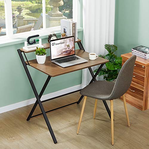 GreenForest Folding Desk No Assembly Required, Computer Desk with 2-Tier Shelf Foldable Table for Small Spaces Fully Unfold 32 x 24.5 inch, Espresso