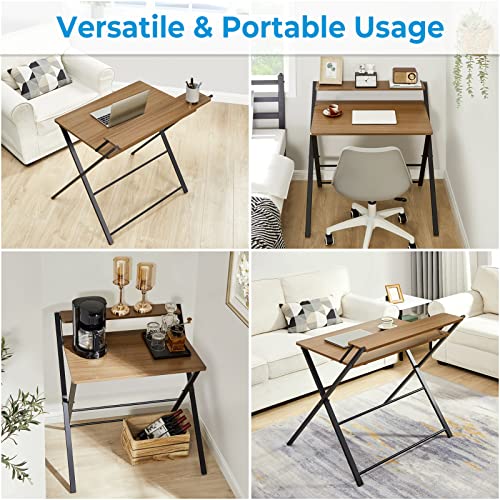GreenForest Folding Desk No Assembly Required, Computer Desk with 2-Tier Shelf Foldable Table for Small Spaces Fully Unfold 32 x 24.5 inch, Espresso