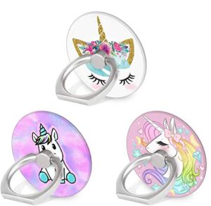 cell phone ring holder, 3-pack 360 degree rotation universal pop grip stand anti- drop finger holder for smartphone and tablets - cute unicorn