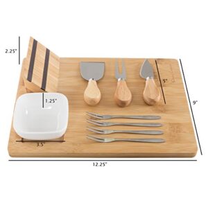 Classic Cuisine 9 Piece Cheese Serving Tray Set with Stainless Steel Cutlery and Dip Dish-Durable and Eco-Friendly Charcuterie Board, Wood