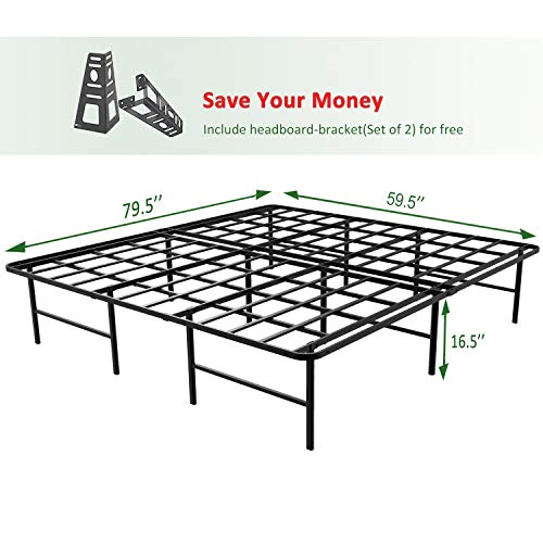 45MinST 16 Inch Platform Bed Frame/2 Brackets Included/Mattress Foundation/3000LBS Heavy Duty/Extremely Easy Assembly/Box Spring Replacement/Quiet Noise-Free, Queen/Cal King(Queen)