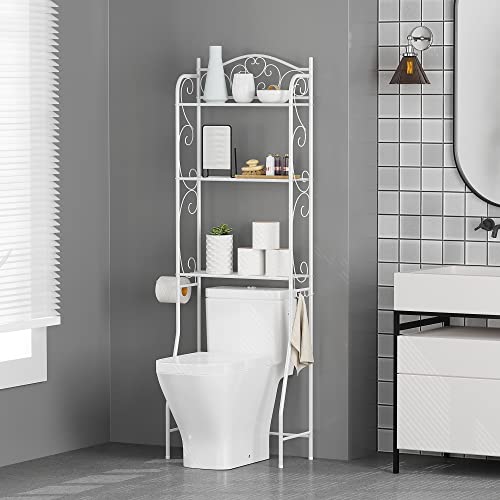 HOME BI Over The Toilet Storage,3-Tier Bathroom Storage Rack,Bathroom Space Saver,Freestanding Above Toilet Rack with Hooks and Toilet Paper Rack (White)