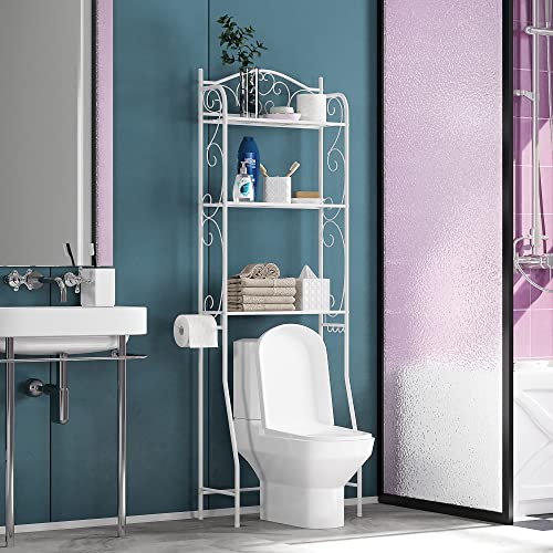 HOME BI Over The Toilet Storage,3-Tier Bathroom Storage Rack,Bathroom Space Saver,Freestanding Above Toilet Rack with Hooks and Toilet Paper Rack (White)