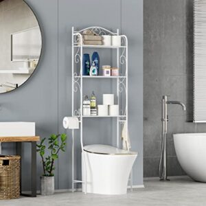 HOME BI Over The Toilet Storage,3-Tier Bathroom Storage Rack,Bathroom Space Saver,Freestanding Above Toilet Rack with Hooks and Toilet Paper Rack (White)