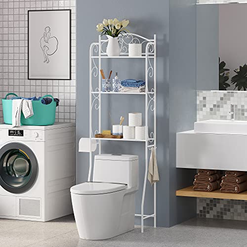 HOME BI Over The Toilet Storage,3-Tier Bathroom Storage Rack,Bathroom Space Saver,Freestanding Above Toilet Rack with Hooks and Toilet Paper Rack (White)