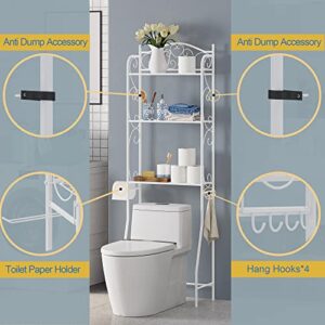 HOME BI Over The Toilet Storage,3-Tier Bathroom Storage Rack,Bathroom Space Saver,Freestanding Above Toilet Rack with Hooks and Toilet Paper Rack (White)