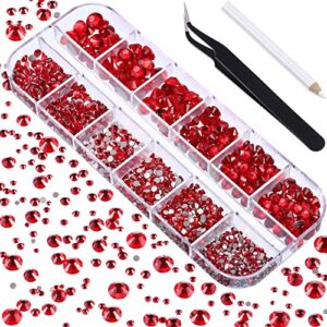 2000 pieces flat back gems rhinestones 6 sizes (1.5-6 mm) round crystal rhinestones with pick up tweezer and rhinestones picking pen for crafts nail clothes shoes bags diy art (red)