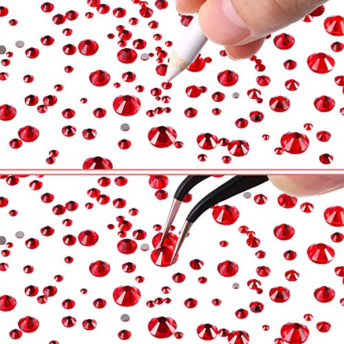 2000 Pieces Flat Back Gems Rhinestones 6 Sizes (1.5-6 Mm) Round Crystal Rhinestones with Pick up Tweezer and Rhinestones Picking Pen for Crafts Nail Clothes Shoes Bags DIY Art (Red)