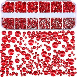 2000 Pieces Flat Back Gems Rhinestones 6 Sizes (1.5-6 Mm) Round Crystal Rhinestones with Pick up Tweezer and Rhinestones Picking Pen for Crafts Nail Clothes Shoes Bags DIY Art (Red)