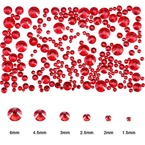 2000 Pieces Flat Back Gems Rhinestones 6 Sizes (1.5-6 Mm) Round Crystal Rhinestones with Pick up Tweezer and Rhinestones Picking Pen for Crafts Nail Clothes Shoes Bags DIY Art (Red)