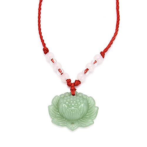 Meenanoom Fashion Natural Green Jade Lotus Pendant Necklace Lucky Charm +Red Cord