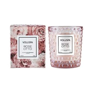 voluspa rose otto candle | classic textured glass | 6.5 oz. | 40 hour burn time | coconut wax and natural wicks for a cleaner burn | vegan | hand-poured in the usa