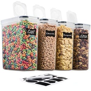 4 pack airtight cereal & dry food storage container - bpa free plastic kitchen and pantry organization canisters for, flour, sugar, rice, nuts, snacks, pet food & more (4l, 16.9 cup, 135.5 ounce