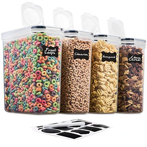 4 Pack Airtight Cereal & Dry Food Storage Container - BPA Free Plastic Kitchen and Pantry Organization Canisters for, Flour, Sugar, Rice, Nuts, Snacks, Pet Food & More (4L, 16.9 Cup, 135.5 Ounce