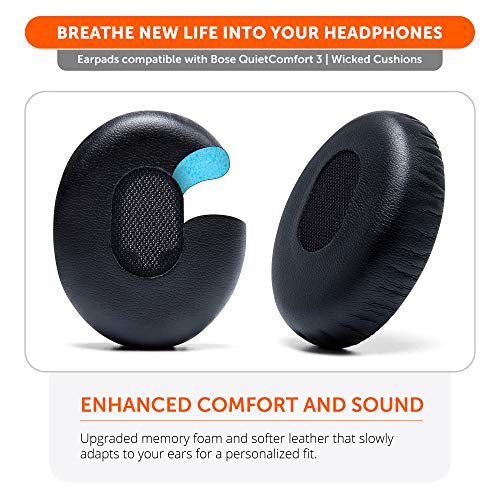 WC Wicked Cushions Replacement Ear Cushions for Bose QuietComfort 3 - Extra Durable Leather, Softer Memory Foam, Added Thickness - Compatible with Bose QC3 ON-Ear Headphones | Black