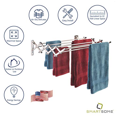 Smartsome Space Saver Fold Away Racks: Stainless Steel Wall Mounted Laundry Drying Rack, Easy to Install - 8 34" Rods, Total: 22.5 Linear Ft, 60 lb Capacity- Indoor and Outdoor Use