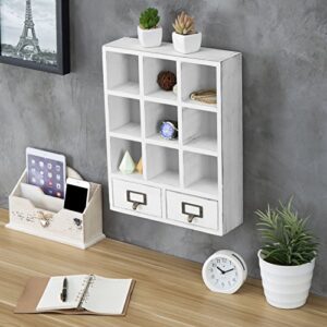 MyGift Wall-Mounted Wood Shadow Box Shelf - Vintage White Wooden Table Top Display Organizer with 2 Pull Out Drawers