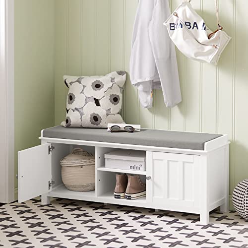 Haotian FSR35-W, White Storage Bench with 2 Doors, Shelf & Removable Seat Cushion, Shoe Cabinet, Shoe Bench