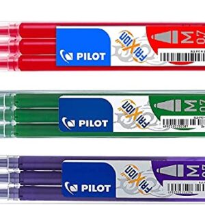 Pilot Frixion erasable pens refill, 9 refill bundle Green, Red, Violet or Purple gel ink fine pt 0.7mm, assorted colors