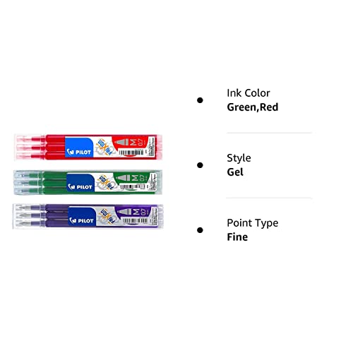 Pilot Frixion erasable pens refill, 9 refill bundle Green, Red, Violet or Purple gel ink fine pt 0.7mm, assorted colors