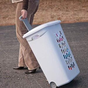 Sterilite Rectangular Plastic Slim Laundry Hamper Basket Bin with Wheels, Lift Top, and Pull Handle for Easy Transportation, White, 6 Pack