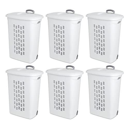 Sterilite Rectangular Plastic Slim Laundry Hamper Basket Bin with Wheels, Lift Top, and Pull Handle for Easy Transportation, White, 6 Pack