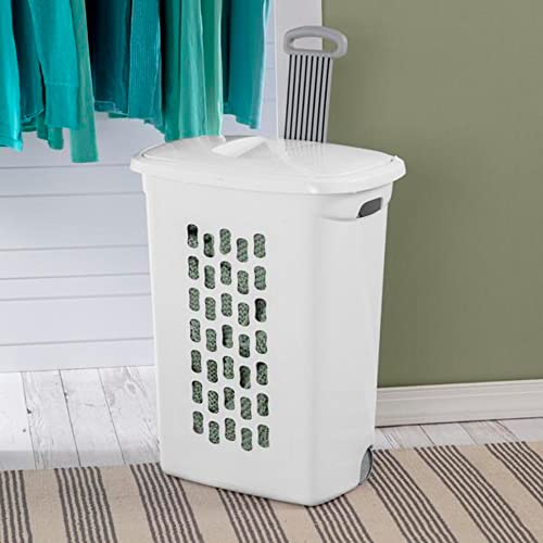 Sterilite Rectangular Plastic Slim Laundry Hamper Basket Bin with Wheels, Lift Top, and Pull Handle for Easy Transportation, White, 6 Pack