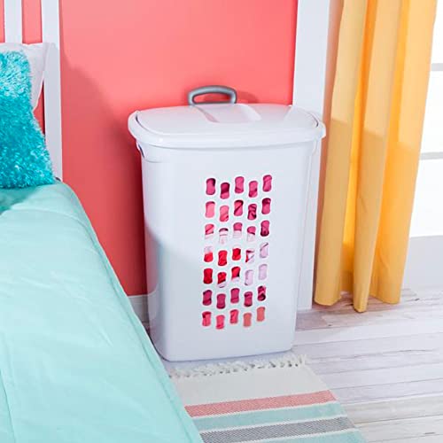 Sterilite Rectangular Plastic Slim Laundry Hamper Basket Bin with Wheels, Lift Top, and Pull Handle for Easy Transportation, White, 6 Pack