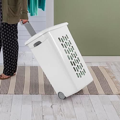 Sterilite Rectangular Plastic Slim Laundry Hamper Basket Bin with Wheels, Lift Top, and Pull Handle for Easy Transportation, White, 6 Pack