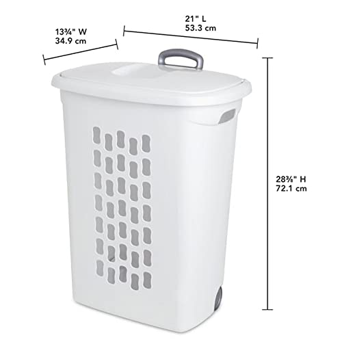 Sterilite Rectangular Plastic Slim Laundry Hamper Basket Bin with Wheels, Lift Top, and Pull Handle for Easy Transportation, White, 6 Pack