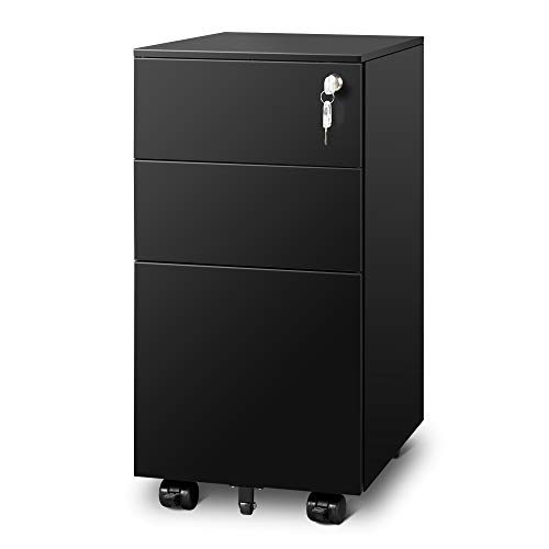 DEVAISE 3 Drawer Vertical File Cabinet, Mobile Filing Cabinet with Slim Width for Home Office, Black