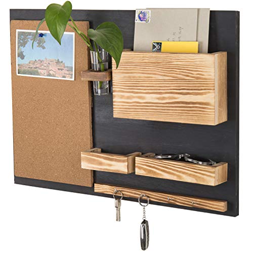 MyGift Wall Mounted Family Command Center Organization with Cork Bulletin Board, Mail Holder, Key Hooks and Flower Vase