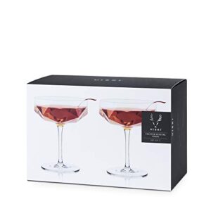 Viski Faceted Coupe Glasses set of 2, Champagn, Martini, Wine, Crystal Cocktail Glasses for Bar, Drinking Glass Set of 2, 7oz