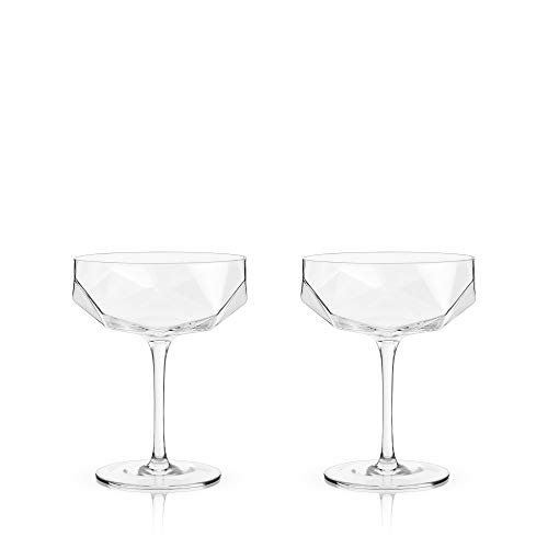 Viski Faceted Coupe Glasses set of 2, Champagn, Martini, Wine, Crystal Cocktail Glasses for Bar, Drinking Glass Set of 2, 7oz