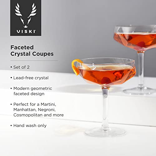 Viski Faceted Coupe Glasses set of 2, Champagn, Martini, Wine, Crystal Cocktail Glasses for Bar, Drinking Glass Set of 2, 7oz