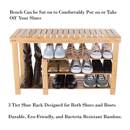 Lavish Home 3-Tier Bamboo Shoe Rack – Mud Room Organization and Storage Bench with Natural Wood Seat for Boots and Sneakers, Brown