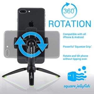 Square Jellyfish Jelly Grip WX Cell Phone Tripod Mount with Pro Tripod Stand - Smartphone Tripod Compatible with All iPhone and Android Smartphones - Small Tripod, Handheld for Video, Desk, or Travel