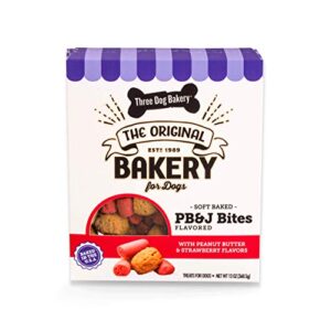 three dog bakery soft baked pb&j bites, peanut butter & strawberry flavor, premium treats for dogs, 13 ounce box, brown (320035)