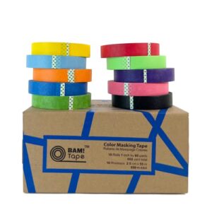 masking tape dispenser by bam! tape | includes 10 rolls colored maker tape, 1” x 60 yard, 600 total yards | arts and crafts supplies | multi-use labeling, education, office, home, classroom