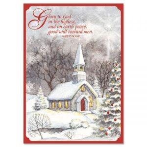 current snowy church personalized christmas greeting cards set - set of 18 large 5 x 7-inch folded cards, themed religious holiday card value pack, add names or text, envelopes included
