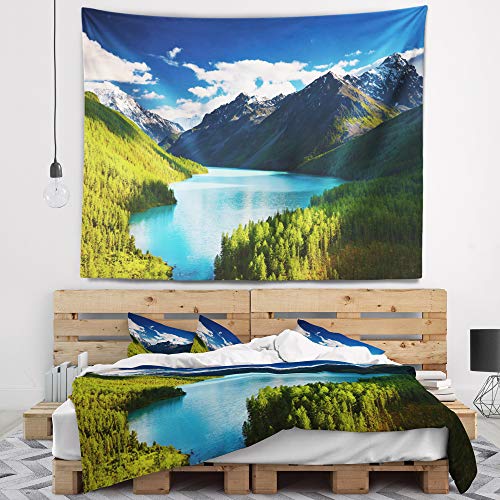 Designart ' Mountain Lake in Dark Shade' Landscape Photo Tapestry Blanket Décor Wall Art for Home and Office, Created On Lightweight Polyester Fabric Medium: 39 in. x 32 in