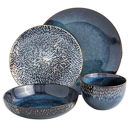 Gibson Elite Matisse 16 Piece Double Bowl Dinnerware Set, Cobalt Blue