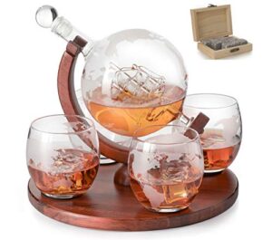 etched world decanter whiskey globe - the wine savant whiskey gift set globe decanter 750 ml with antique ship, whiskey stones and 4 world map 10oz glasses, great gift - alcohol related gift, home bar