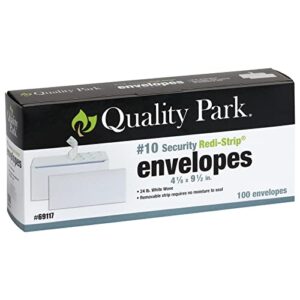 quality park #10 security envelopes, no window, redi-strip self seal envelopes, 4-1/8 x 9-1/2 inches, white, 24 lb paper, box of 100 (qua69117)